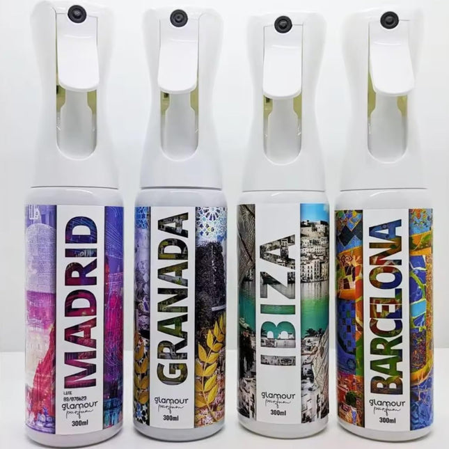 GLAMOUR PARFUM - Pack 4 Ambientadores de Hogar - Fragancia Madrid, Granada, Ibiza y Barcelona - 4 x 300 ml - Pack I Love Spain - Ambientadores Textiles en Spray - Reutilizable