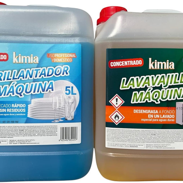 KIMIA | PACK DETERGENTE LIQUIDO CONCENTRADO + ABRILLANTADOR LAVAVAJILLAS | DESENGRASANTE | ELIMINA LA SUCIEDAD INCRUSTADA | BRILLO ÓPTIMO | LIMPIEZA PROFUNDA | 5L