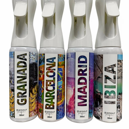 Pack I Love Spain – 4 Ambientadores Textiles Reutilizables GLAMOUR PARFUM (4×300 ml)