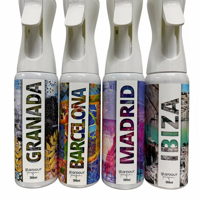 Pack I Love Spain – 4 Ambientadores Textiles Reutilizables GLAMOUR PARFUM (4×300 ml)