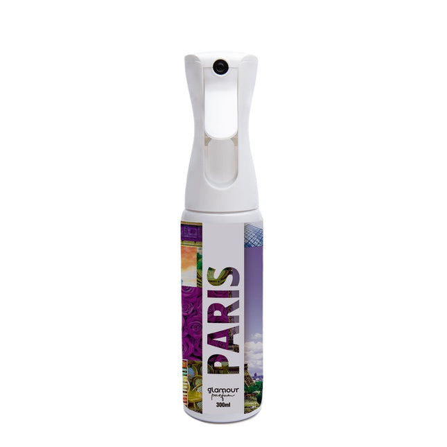 GLAMOUR PARFUM - Ambientador de Hogar París - 300 ml - Pulverizador con Aroma Floral y Afrutado - Ambientador Textil en Spray - para Pulverizar en la Cama o en Cortinas - Reutilizable