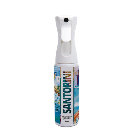 GLAMOUR PARFUM - Ambientador de Hogar Santorini - 300 ml - Pulverizador con Aroma Afrutado y Vainilla - Ambientador Textil en Spray - para Pulverizar en la Cama o en Cortinas - Reutilizable