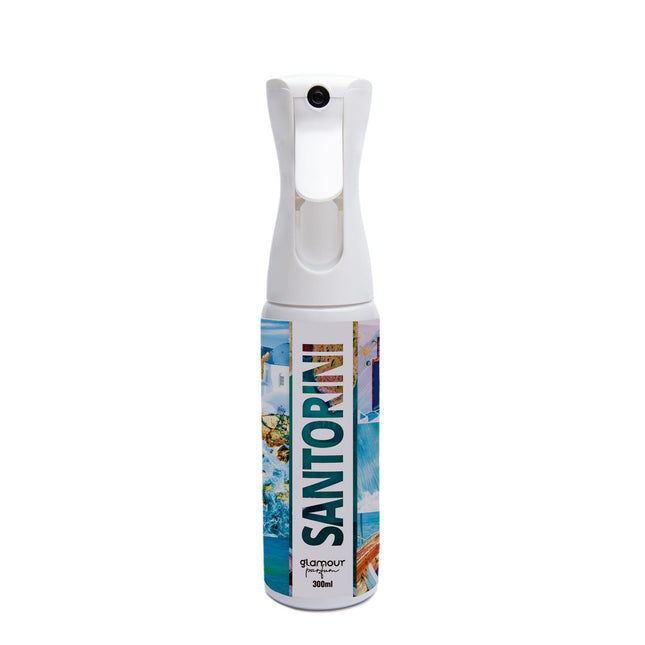 GLAMOUR PARFUM - Ambientador de Hogar Santorini - 300 ml - Pulverizador con Aroma Afrutado y Vainilla - Ambientador Textil en Spray - para Pulverizar en la Cama o en Cortinas - Reutilizable