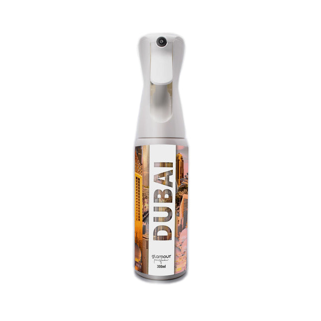 GLAMOUR PARFUM - Ambientador de Hogar Dubai- 300 ml - Pulverizador con Aroma Dulce - Ambientador Textil en Spray - para Pulverizar en la Cama o en Cortinas - Reutilizable