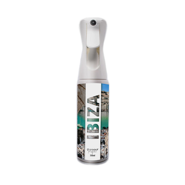 GLAMOUR PARFUM - Ambientador de Hogar Ibiza - 300 ml - Pulverizador con Aroma Fresco y Floral - Ambientador Textil en Spray - para Pulverizar en la Cama o en Cortinas - Reutilizable