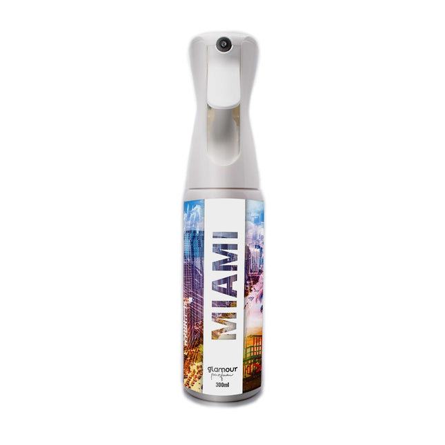 GLAMOUR PARFUM - Ambientador de Hogar Miami - 300 ml - Pulverizador con Aroma Cuero Floral - Ambientador Textil en Spray - para Pulverizar en la Cama o en Cortinas - Reutilizable