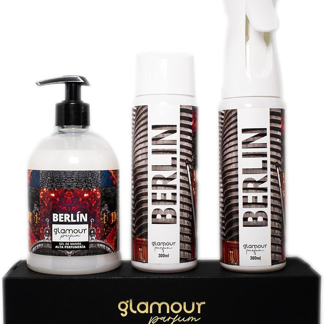 GLAMOUR PARFUM - Pack Ambientador Textil + Recambio 300 ml + Jabón de Manos 500 ml - Ambientador Hogar Berlín - Aroma Fresco - para Pulverizar en la Cama o en Cortinas