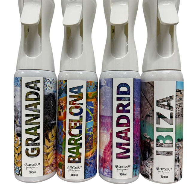 Pack I Love Spain – 4 Ambientadores Textiles Reutilizables GLAMOUR PARFUM (4×300 ml)